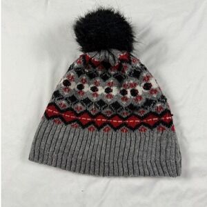Vera Bradley Fair Isle Beanie Gray Red Fleece Lined Pom Pom Winter Hat Nordic